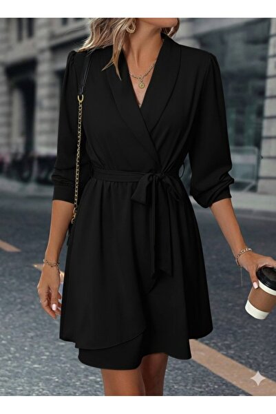 Giyimodam Women's Long Sleeve Double-Breasted Collar Waist Belted Mini Double Layer Imported Crepe Dress