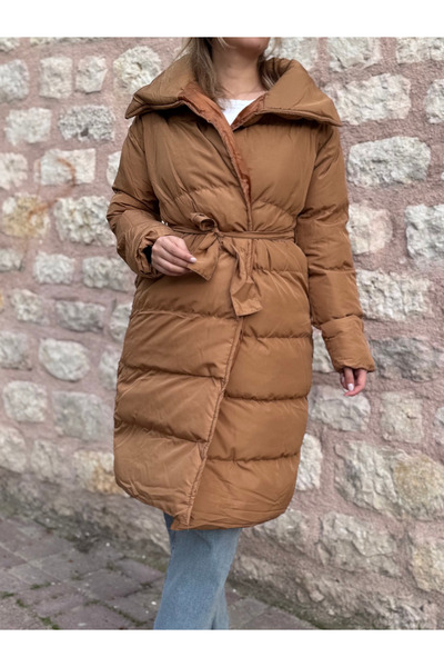 PELTEX Tan Knee Length Belted Puffer Jacket