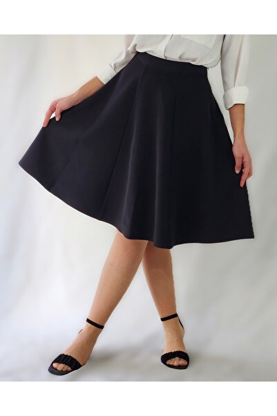 MRV DESIGN SİYAH ALTI PARÇA DİZALTI FERMUARLI DOKUMA KLOŞ ETEK