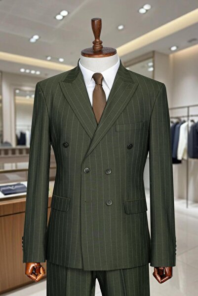 Salihtarzz İtalyan Kesim Slim Fit Çizgili Haki Yeşil Kruvaze Takım Elbise – S...