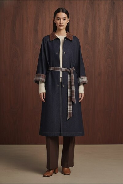 Soul Women's Belted Plaid Detailed Denim Trench