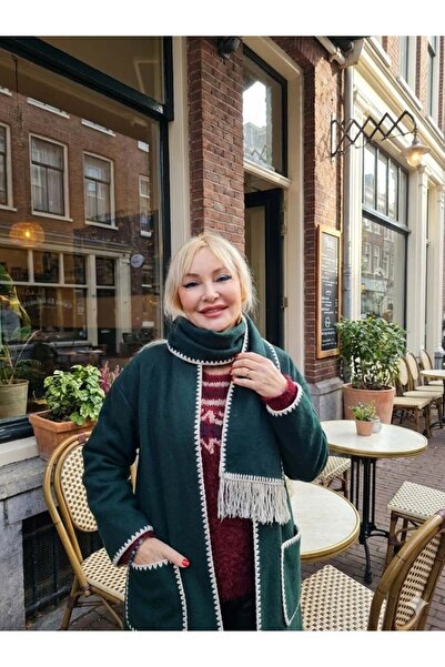 Punta Otantik Nc27786 Oya Embroidered Scarf Thin Cashmere Cardigan Bitter Green