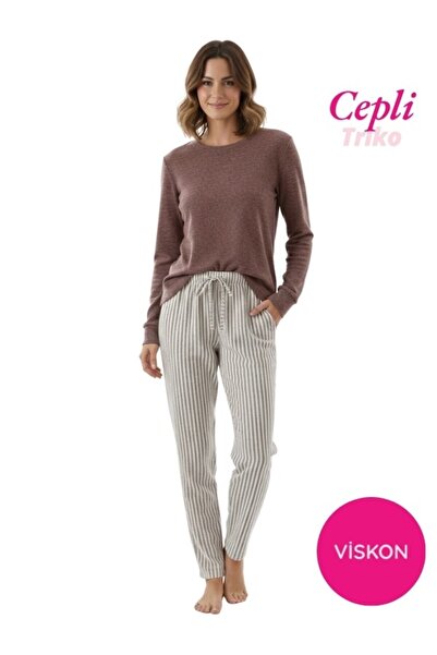 bie's Women's Viscose Transitional Long Sleeve Pajama Set with Pockets-Top Thin Knitwear Bottom Sleepwear Slim Fit Jacquard Fabric