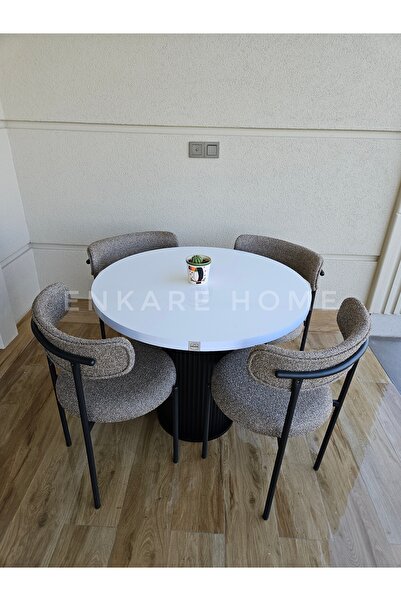 Enkare Sur Yuvarlak Masa ve 4 Adet Elisa Teddy Sandalye - 90 cm MDF Sütun Man...