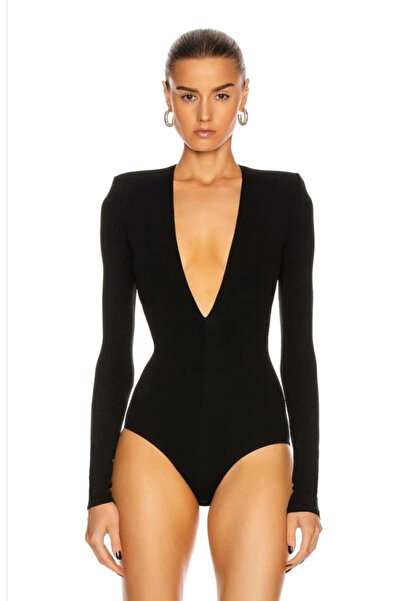 MetuCA Kadın Siyah Çift Katlı Sandy Vatkalı Derin V Yaka Çıtçıtlı Tanga Bodysuit