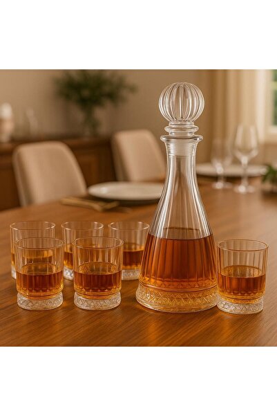 COCEM “7 Parça Premium Kristal Viski Seti – Çizgi Desenli Karaf & 6’lı Ağır T...