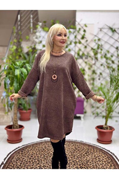 Punta Otantik NC25158 Кафеникава италианска кадифена рокля с колар и колие