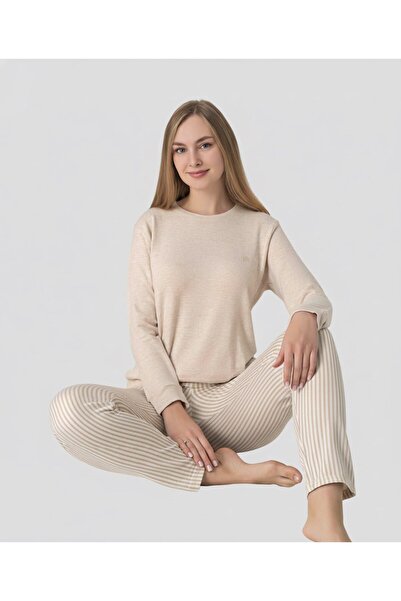 bie's Women's Viscose Transitional Long Sleeve Pajama Set with Pockets-Top Thin Knitwear Bottom Sleepwear Slim Fit Jacquard Fabric