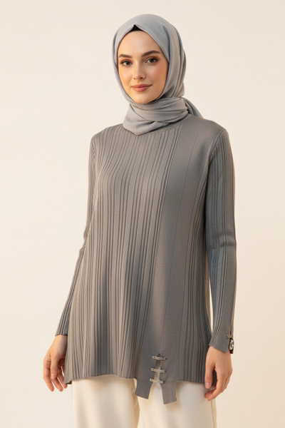 REMSA Corded Fabric Knitwear Tunic with Accessory Detail 35041 Gray