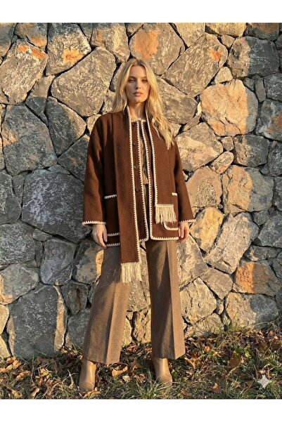 Punta Otantik Nc27786 Oya Embroidered Scarf Thin Cashmere Cardigan Bitter Brown