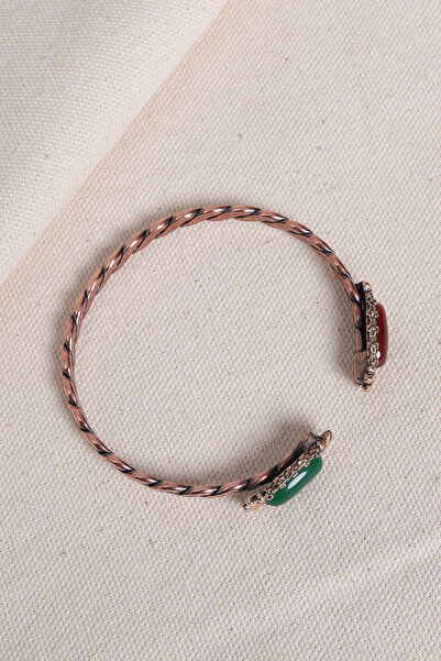 Süspüs Accessories Green Agate and Brown Agate Stone Braided Model Copper Bracelet