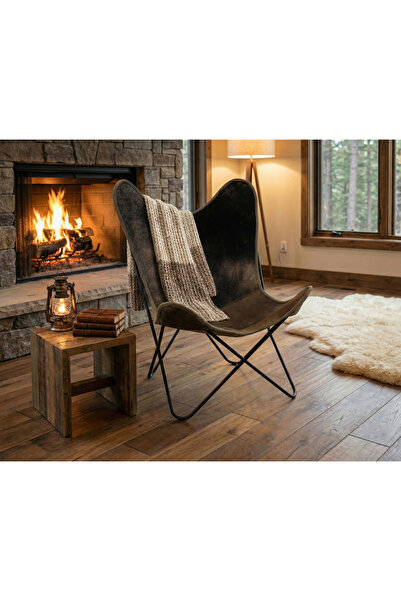 Sibela Halı Butterfly Kelebek Sandalye Metal Ayaklı Dana Deri Dekoratif Berjer - Kahverengi