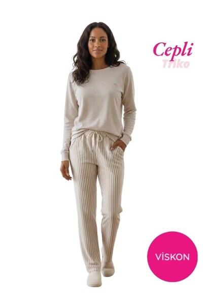 bie's Women's Viscose Transitional Long Sleeve Pajama Set with Pockets-Top Thin Knitwear Bottom Sleepwear Slim Fit Jacquard Fabric