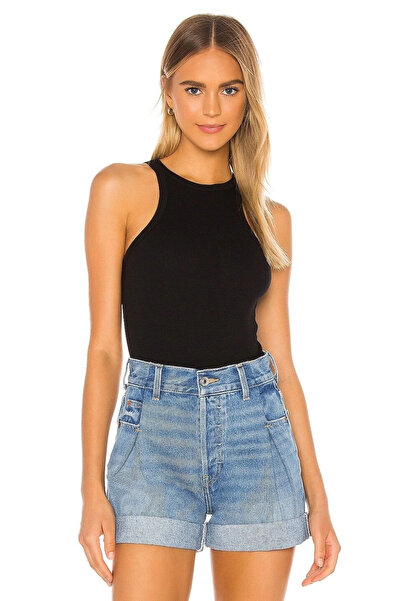 MetuCA Women's Black Halter Neck Sandy Fabric Double Layer Thong Bodysuit