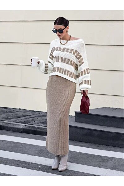 Giyimodam Women's Long Sleeve Boat Neck Casual Knitwear Blouse and Skirt Two-Piece Set