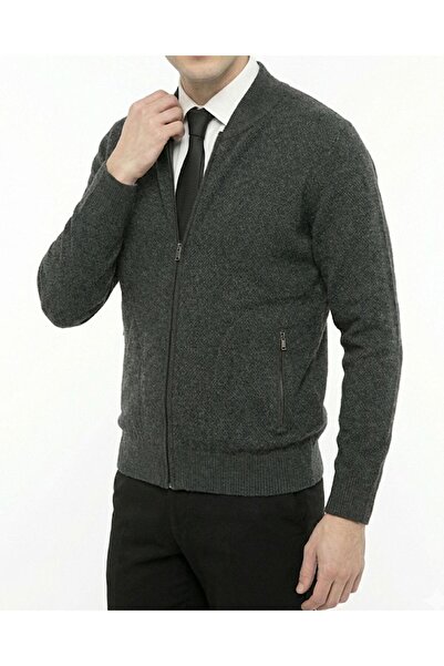 TerziAdemAltun Italian Style Men's Zipper Cardigan Anthracite T13147
