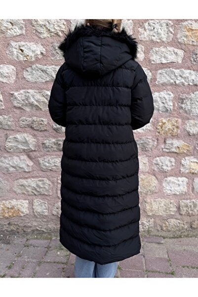 PELTEX Black Midi Length Hooded Fur Puffer Coat