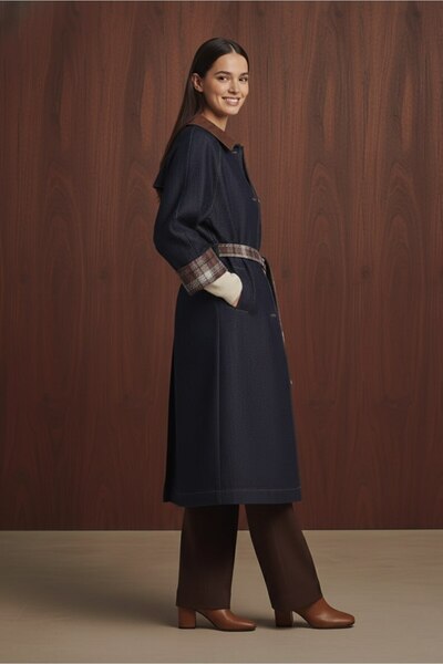 Soul Women's Belted Plaid Detailed Denim Trench