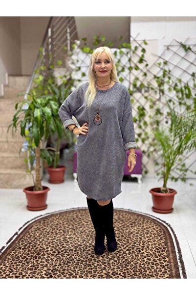 Punta Otantik Nc25158 Silvery Italian Velvet Dress with Simit Collar Necklace Gray