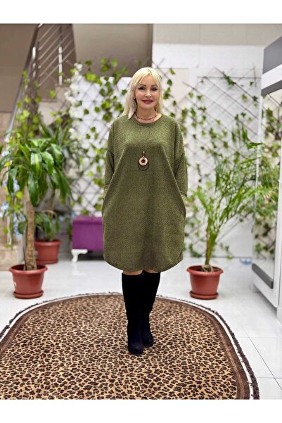 Punta Otantik Nc25158 Silvery Italian Velvet Dress with Simit Collar Necklace Khaki