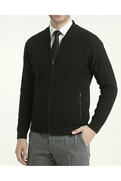 TerziAdemAltun Italian Style Men's Zippered Cardigan Black T13146