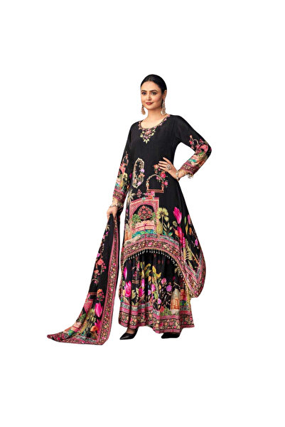 MYSMAR Black Faux Georgette Top Bottom & Dupatta - HRT3430 | Black