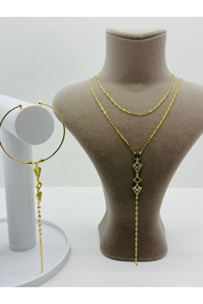 ZERLİNE AURA 14K ALTIN KAPLAMA ZİRKON TAŞLI ÇELİK ÜÇGEN MODEL ÇOKLU SET KOLYE...