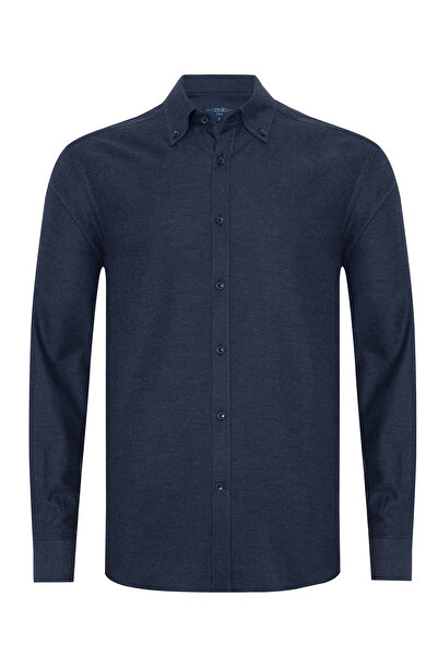 Germirli Navy Blue Flannel Buttoned Collar Tailor Fit Cotton Shirt