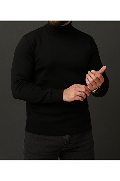 SAVARA Regular Fit Men's Half Turtleneck Black Sweater Wool Woven