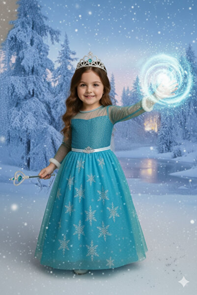 Parti Kırtasiye Set de costum de prințesă Elsa de gheață albastră pentru feti...