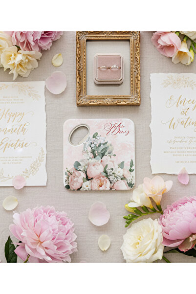 arslart Pembe şakayık çiçekli kişiye özel magnet açacak bardak altlığı düğün ...