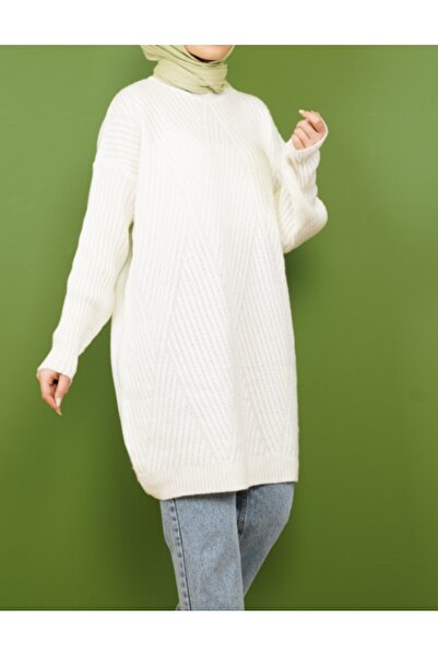 Vaniza Embossed Asymmetrical Striped Knitwear Tunic Sweater