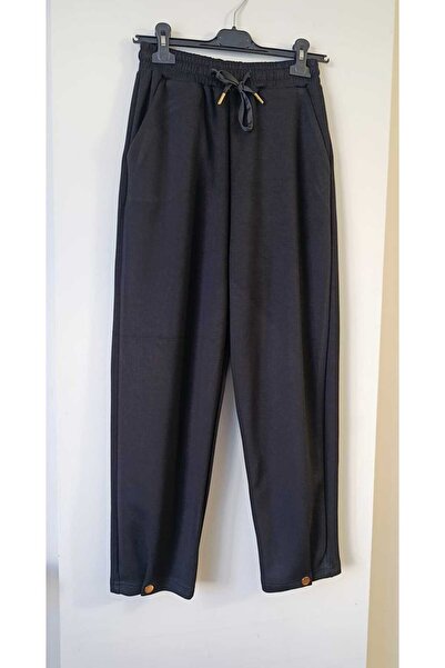 Butik Şans Women's Black Elastic Waist Pocketed Casual Pants with Button Detail on the Legs