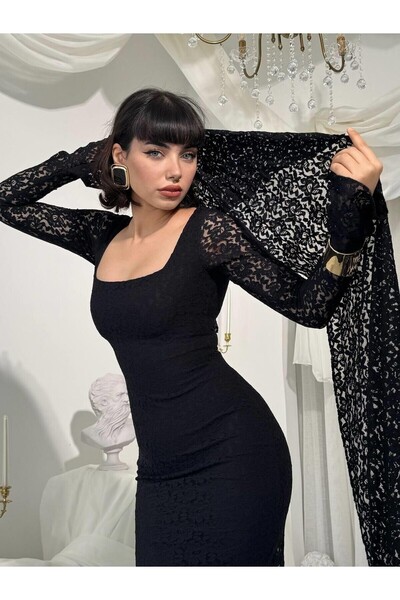 Julidress Rochie lungă maxi din dantelă premium cu decolteu pătrat căptușeli ...