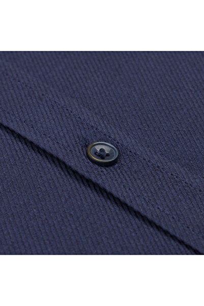 Germirli Navy Blue Diagonal Pattern Flannel Tailor Fit Soft Collar Cotton Shirt