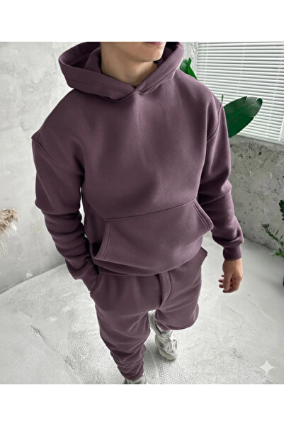 NİCE Purple Three Thread Compact Hooded Inside Cotton Premium O Oversized Tracksuit Bottom Top Set