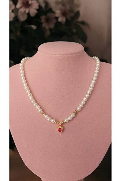 Madam Bikan Gold Renk Pembe Kalp Detaylı İnci Kolye