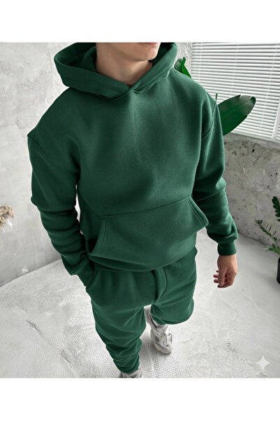 NİCE Green Three Thread Compact Hooded Inside Cotton Premium O Oversized Tracksuit Bottom Top Set