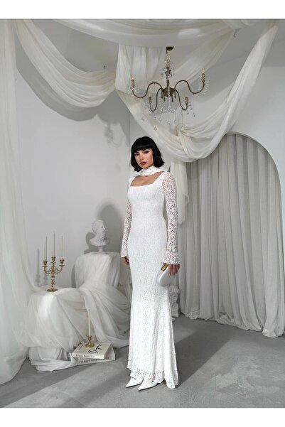 Julidress Square Neck Lined Maxi Long Length Premium Lace Dress with Shawl