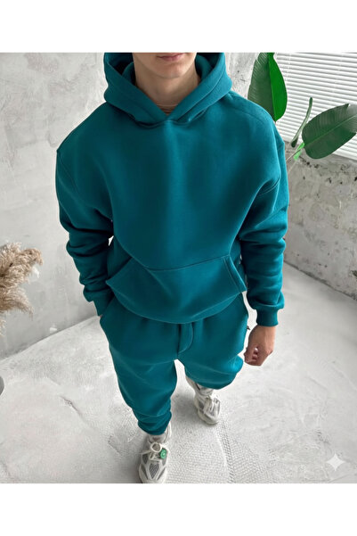 NİCE Petrol Three Thread Compact Hooded Inside Cotton Premium O Oversized Tracksuit Bottom Top Set