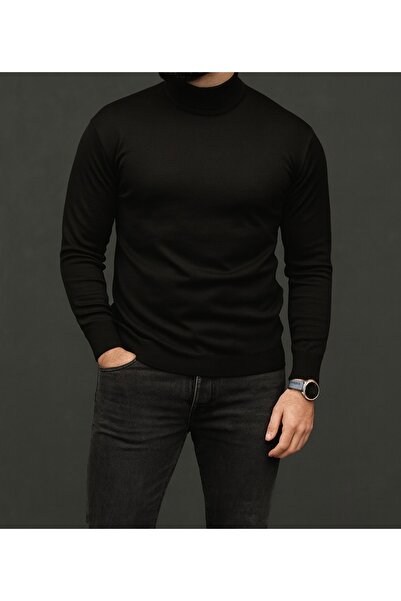 SAVARA Regular Fit Men's Half Turtleneck Black Sweater Wool Woven
