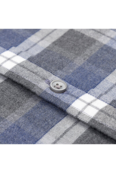 Germirli Anthracite Gray Blue Plaid Flannel Buttoned Collar Tailor Fit Cotton Lumberjack Shirt