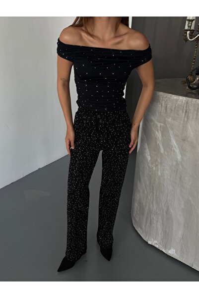 Diviny Pantaloni Palazzo Jean pentru femei talie înaltă Black Stone Trend Design