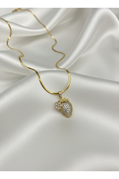 GKCBijoux 316L Çelik Gold İtalyan Yılan Zincirli Zirkon Taşlı Çilek Kolye Yas...