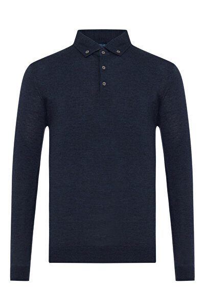 Germirli Indigo Blue Buttoned Shirt Collar Regular Fit Extra Fine Wool Knitwear