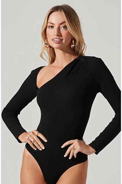 MetuCA Women's Black One Shoulder Long Sleeve Corded Fabric Double Layer Thon...