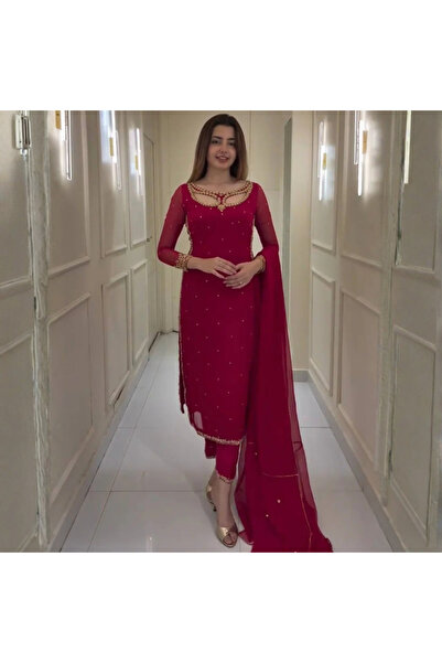 MYSMAR Red Faux Georgette Salwar Kameez & Dupatta - HRT4616 | Red