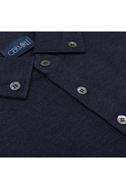 Germirli Indigo Blue Buttoned Shirt Collar Regular Fit Extra Fine Wool Knitwear