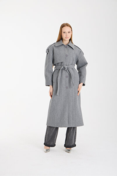 Bolivente Marvella Gray Premium Epaulet Windbreaker Detailed Cashmere Coat