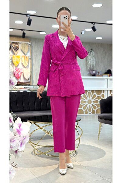 NPRIVE Jakarlı Kendinden Desenli Pantolonlu Takım